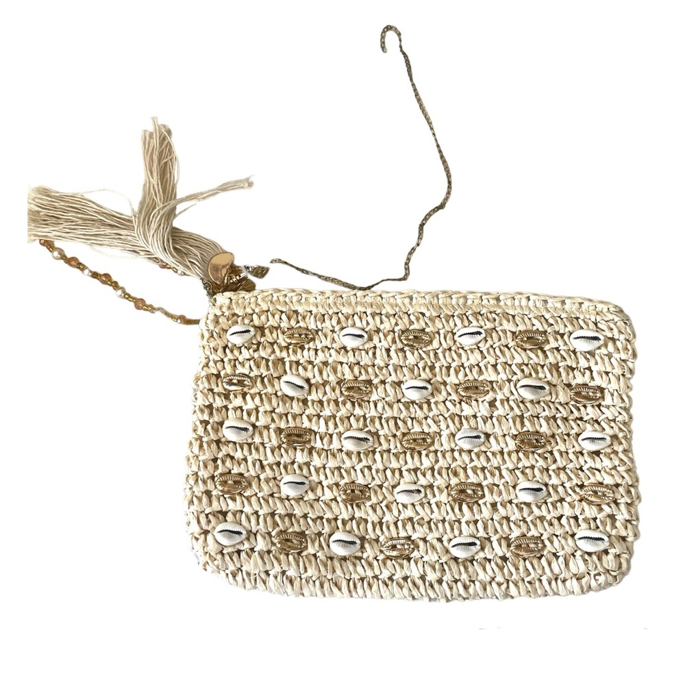 a new day Natural Straw Crochet Clutch with Shell Accents